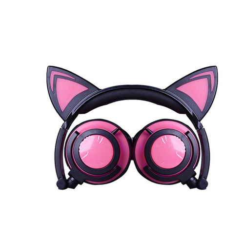Girls Fashion Cat Ear Headphones Wired Foldable On-Ear Headsets Hearing Protection Kids Headphones  with LED Glowing Light