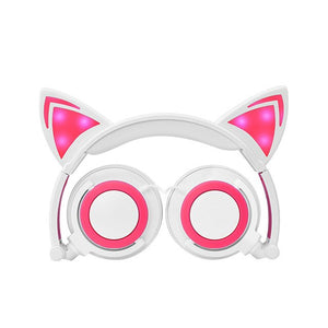 Girls Fashion Cat Ear Headphones Wired Foldable On-Ear Headsets Hearing Protection Kids Headphones  with LED Glowing Light